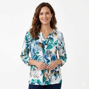 Chico's Size 3 Pima Cotton Floral V-Neck Top XL Blue Green White Knit Blouse